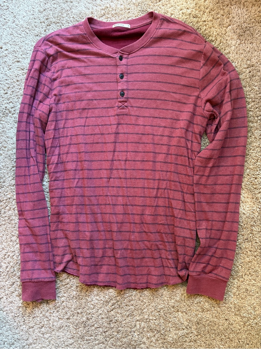 Marine Layer Men's Long Sleeve Henley in Burgundy with Black Stripes
